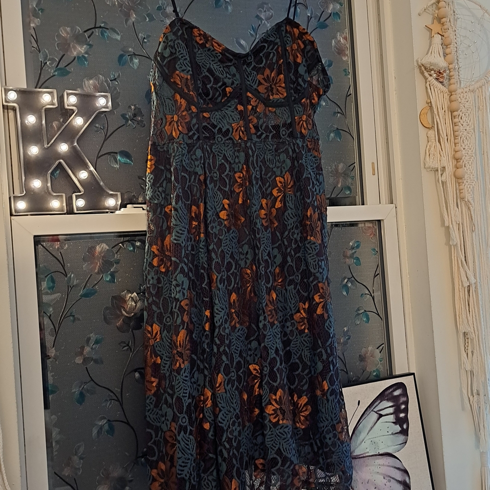 Floral Lace Maxi Dress in Green and Rust - Women